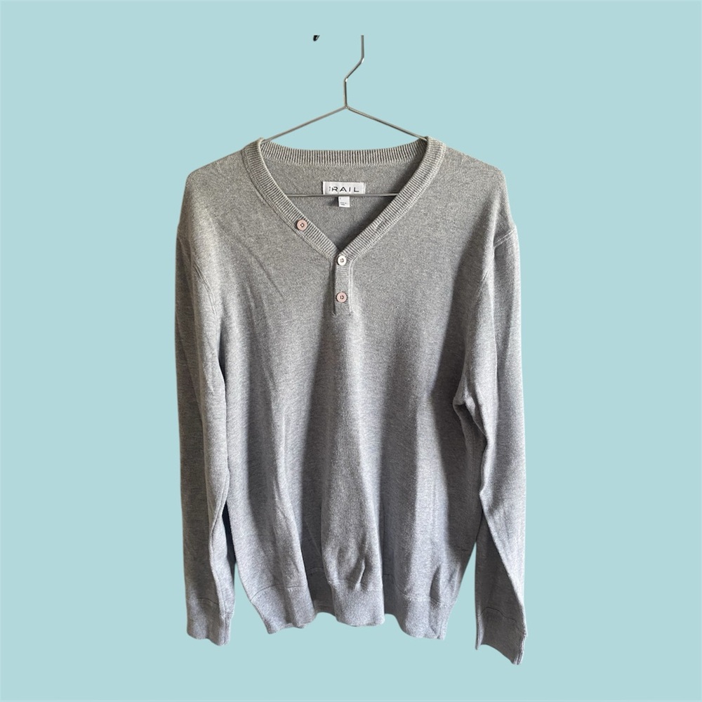 The Rail Sweater Mens L Gray V‎ Neck 3 Button Preppy Academia Cotton